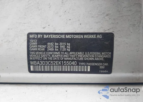 2014 BMW 328D z USA, uszkodzony, nr VIN WBA3D3C52EK155040